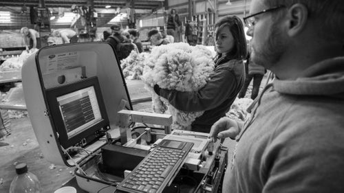 Whit Stewart of Montana State University, right, uses an Optical Fiber Diameter Analyzer to look at wool micron levels. Wool with a lower micron level is used in baselayers, while higher micron wool is used in insulation pieces.