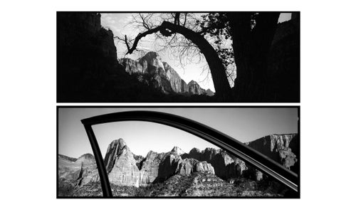 Above: The natural arch of a tree frames a peak in Zion Canyon. Below: In the Kolob Canyons, the arch of a car door frames the view.