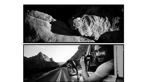 Above: Swirls of burled wood and undulating stone attest to the passage of time in an ancient landscape. Below: A man driving cross-country passes through, barely stopping to take a few photos.