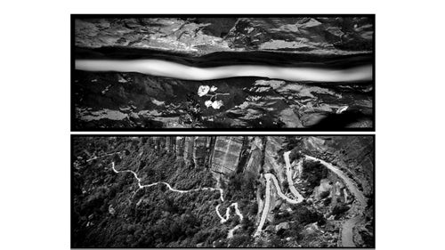 Above: The normally wide, trickling Left Fork has chiseled down into a crack in the riverbed in one hundred-yard section, finding the most direct route. Below: The man-made trail to Angel's Landing, one of the park's most popular and treacherous hikes, twists upward. Thousands of visitors follow the route each day.