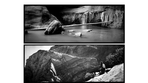 Above: A log lodges between a boulder and the towering cliffs of the Narrows, awaiting the next flash flood to move it downstream. Below: A man memorializes his 1,500-foot ascent to Angel's Landing with the instant gratification of a selfie stick.