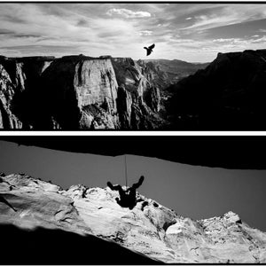 More than two thousand feet above Zion Canyon, a bird whips past Observation Point free to ride the currents and drafts, while a rock climber is suspended but still tethered to earth in slot canyon of the Kolob Canyons section of Zion National Park. While our National Parks give us the freedom to explore and push ourselves as individuals, we are still limited by our human form and reminded of its fragility.