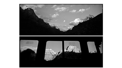 Above: The setting sun grazes the mountaintops at the entrance to Zion Canyon. Below: Those same mountains are seen through the windows of a shuttle bus, which has carried into the canyon some of the more than three million visitors who visited in the past year.