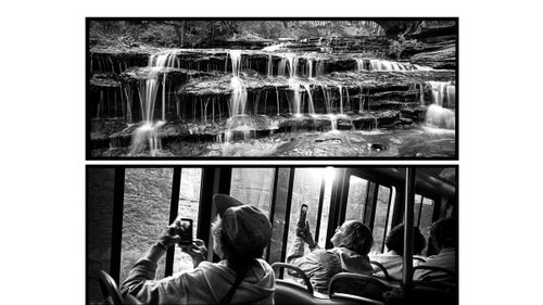 Above: Three miles of cold river hiking up the Left Fork rewards with a stair-step cascade on the way to the iconic Subway. Below: Shuttle bus passengers experience nature as many of us do, through windows and with our electronic devices.