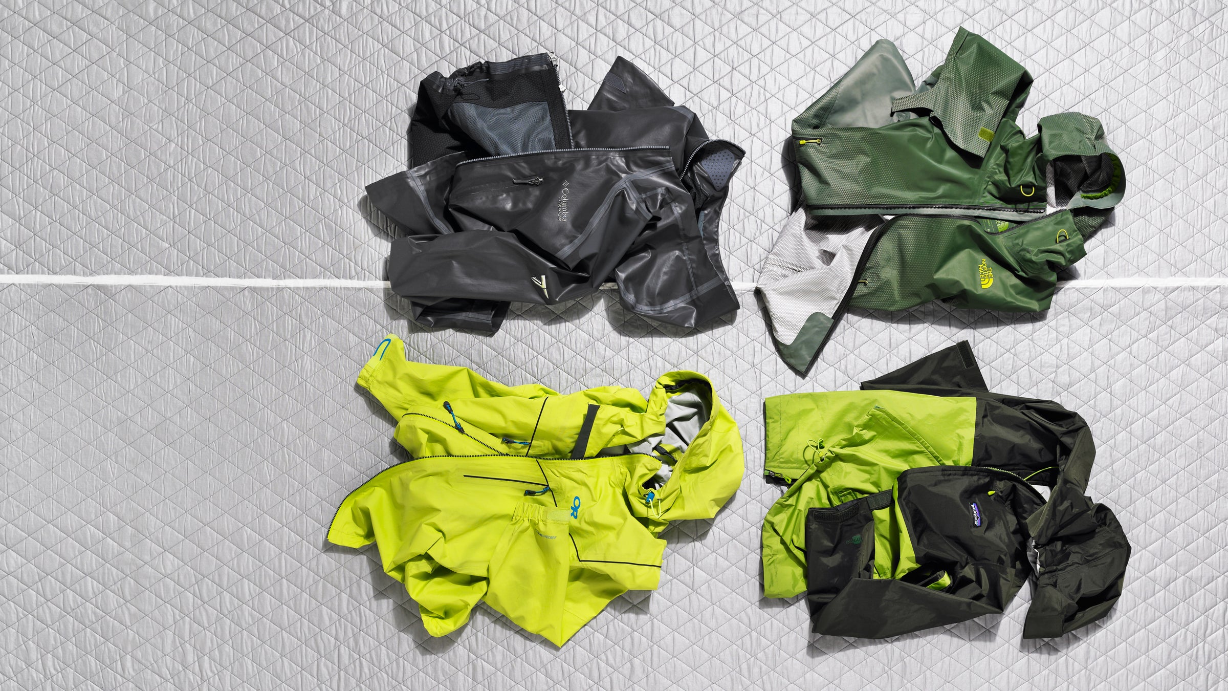 Columbia’s Outdry Ex (black jacket) nixes the DWR coating used by most rain jackets to help keep the wet out, so it sheds fewer waterway-clogging PFCs in the wash.
