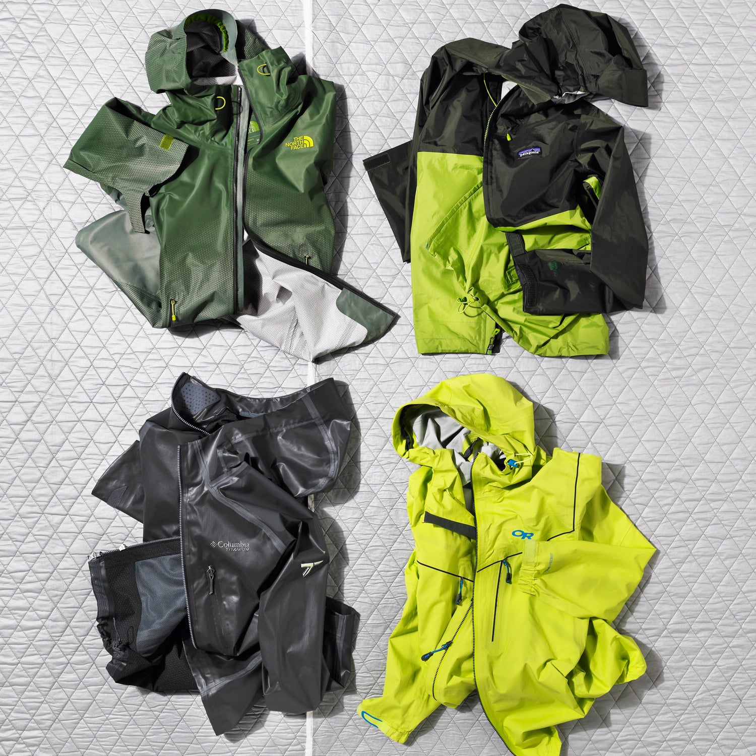 Columbia’s Outdry Ex (black jacket) nixes the DWR coating used by most rain jackets to help keep the wet out, so it sheds fewer waterway-clogging PFCs in the wash.