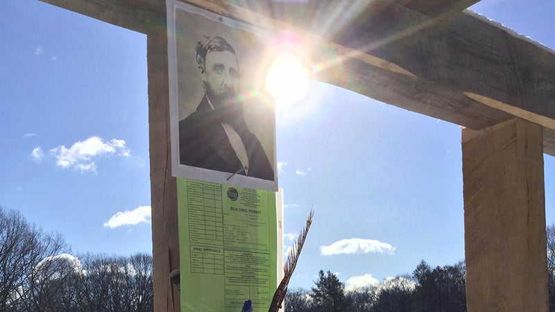 A portrait of Henry David Thoreau hangs in the completed cabin frame.