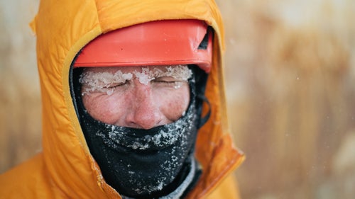 Anker shuts his eyes against the frigid cold they encountered on Lake Superior. With wind chill, the temperatures dipped below minus 60 degrees on several occasions.