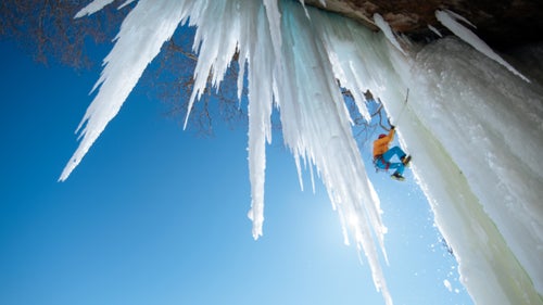 Anker kicks into a pillar of ice outside of one of the main ice caves shot during production.