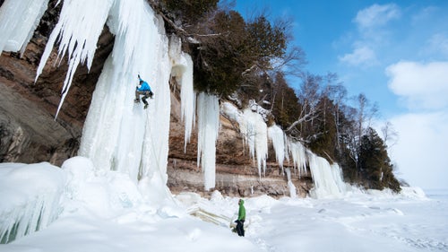 Rott sets a route up one of the pillars of ice.