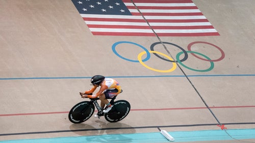 Evelyn Stevens races around the Olympic Training Center Velodrome on her way to breaking the the womenís cycling hour record.