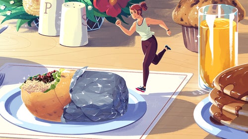 Illustration of a woman running around a plate of food