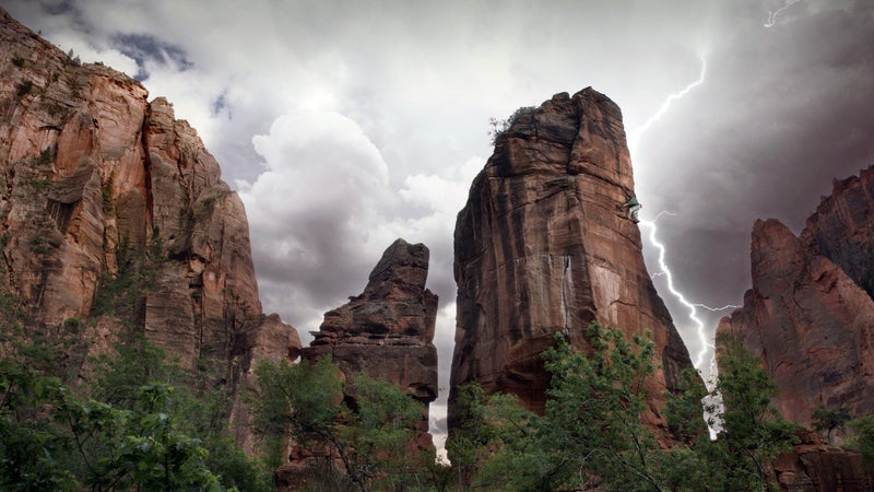 Climbing one of Zion's sandstone towers.
