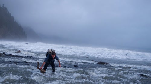 Wes and Wiley on California's Lost Coast, during a storm. This is low tide.