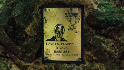 A memorial attached to a rock at the base of Golondrinas. David Flannell, a BASE jumper, died in a rappelling accident in 2003. Although Sotano De Las Golondrinas has been made famous by the scene of BASE jumpers in BBC’s “Planet Earth” series, the activity is no longer allowed because of the sound of parachutes opening disturbs the birds that live in the cave.