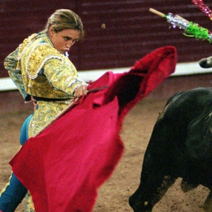 Spanish bullfighter Cristina Sanchez shows her skills in the Campo Pequeno bullring in Lisbon.