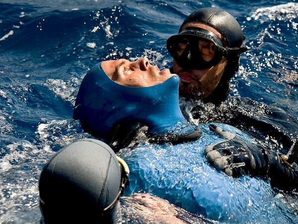 Russian freediver Alexey Molchanov blacks out on the surface after pushing just that meter too far. Blackouts are fairly common in freediving.