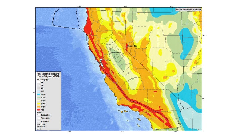 This earthquake hazard map was prepared by the USGS in 2014. As you can see, the Los Angeles area's many smaller fault lines expose it significantly to shaking along the much larger San Andreas Fault.