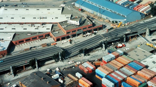 A double decker freeway that collapsed during the 1989 Loma Prieta Quake in northern California.