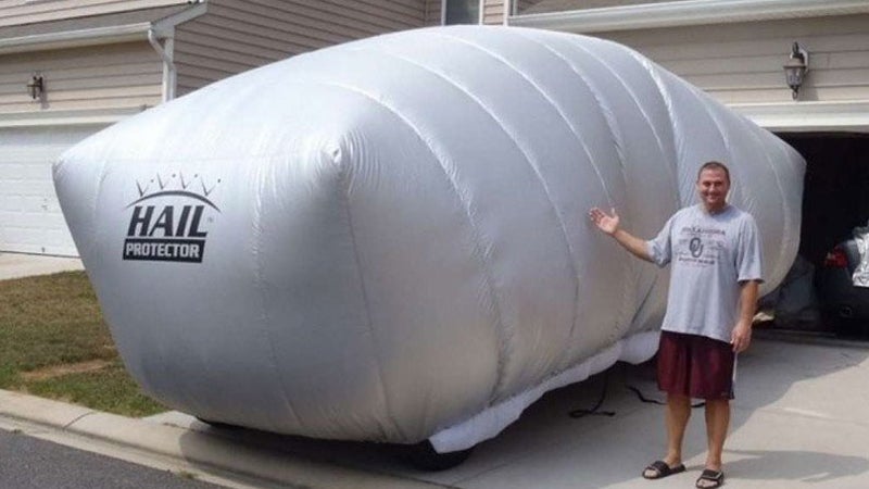 Have a hail problem? this thing inflates like a giant pillow, providing all-over protection for your car or truck.