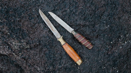 These Faroese knives are used for pilot whale hunting. During a grind (or pilot whale hunt), a flotilla of small boats drives whales into a shallow bay where they can be easily killed with knives. Grinds are the longest continuously practiced and relatively unchanged tradition in the Faroe Islands.