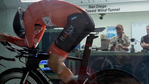 Britton fights the wind as the techs in the control room monitor the data. The two most important metrics are drag coefficient and power output, measured in watts. Low drag and high watts equates to speed.