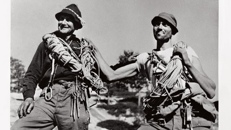 John Salathé and Ax Nelson on the north rim following their ascent of Lost Arrow Chimney, Labor Day, 1947.