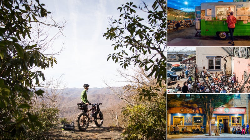 Clockwise from left: A break from beer; food-truck grub; Asheville's Wedge Brewery; patio beers in downtown Asheville.