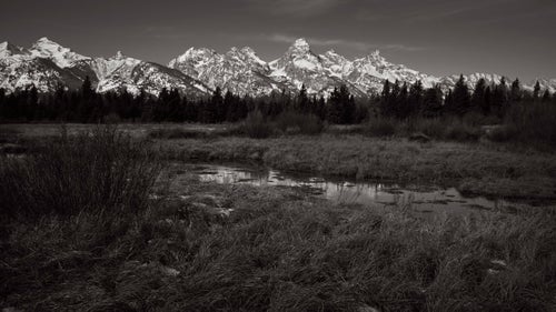 In Teton National Park, I found this scene on a brisk morning: remnants of snow quickly vanishing in the textured grasses along the banks of a stream, near the Snake River. We were just in front of the Teton Mountains, hiking along the river, and I was drawn to the reflections on the surface of the water. Shortly after this image was taken, a herd of elk passed by us within a few hundred feet and crossed the stream.