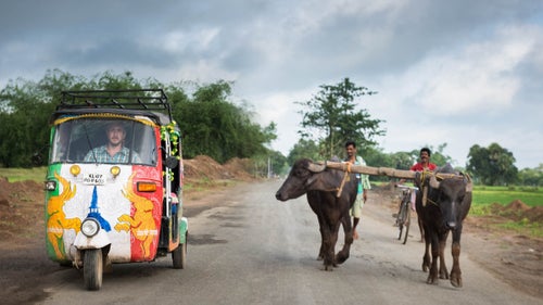 This spring, Italians Stefano Conz, Giovanni Testa, Davide Bozzalla, and Vittorio Michelini—aka Team Rust and Dust—set out to cover more than 2,000 miles across India in rickshaws. Hosted by an organization called The Adventurists, The Rickshaw Run gave 69 teams the keys to two-cylinder, seven horsepower stallions to take on a free-form route across India through, as the event’s website put it, “whatever shit the road throws at you.” Getting lost, getting stuck, and breaking down are guaranteed. Here, Team Rust and Dust shares a few of their fondest moments. They came in last. Photo: Stefano Conz behind the wheel. There were cows everywhere in India. Everywhere.