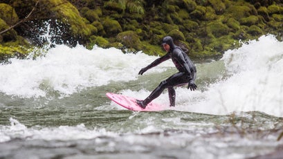 Jamie surfing a river wave on the Clackamas River just south of Portland, Oregon.