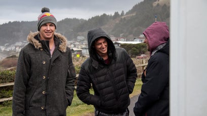 Pro surfer Jamie O’Brien and his crew entertain each other while they wait for the weather to break.