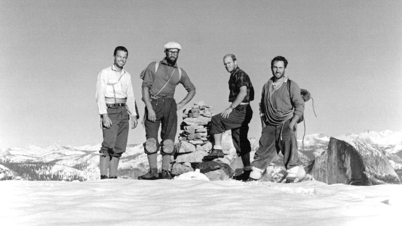 Photo of rock climbers (left to right): Tom Frost, Royal Robbins, Chuck Pratt, and Yvon Chouinard on the summit of El Capitan on October 30, 1964, following the 10-day ascent of the North America Wall.