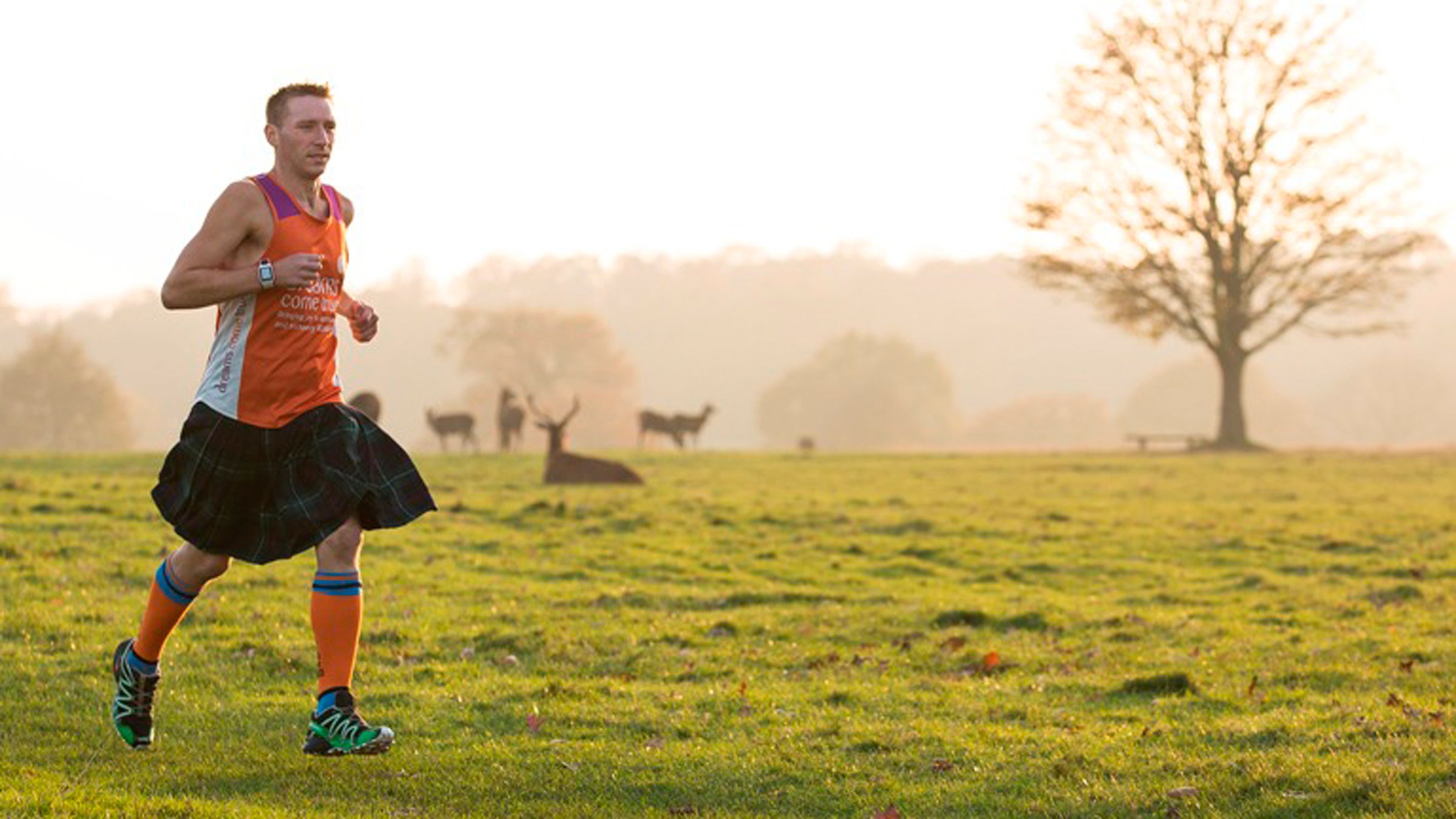Robert Young,  an accomplished biathlete, triathlete and former member of the British Army, sometimes wears a kilt while running.