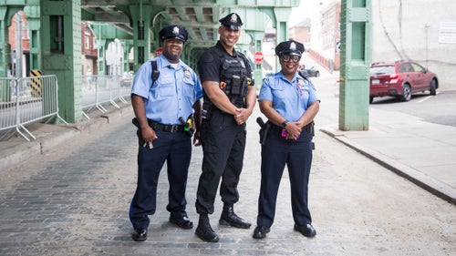 Philly鈥檚 finest are out in force to keep the bike racers safe. Officers Green, Vasquez, and Casey were stationed at the base of the Manayunk Wall. In Philly, black uniforms denote SWAT members.
