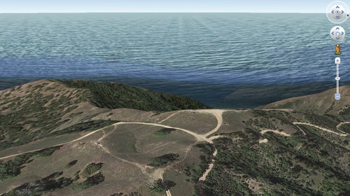 Big Sur's Prewitt Ridge, where you'll find the most beautiful sunset on earth. Now you can see even more detail, including where people have illegally driven off the established dirt road, or where water carved away at the hillsides in the last big storm.