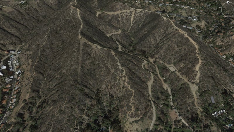 Runyon (right, center) may be closed, but what's that faint trail to the far left? Well, that one's still open, and it's where Wiley and I are currently doing our daily hike.
