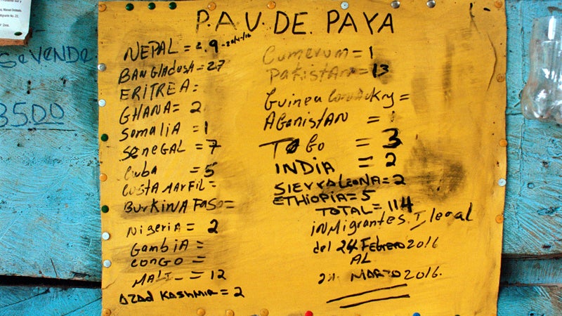 A chart shows the number and nationality of migrants captured in or near Paya, Panama, during a one-month period earlier this year.