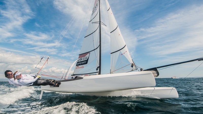 Bora Gulari (left) and louisa Chafee  on an ultra-fast Nacra 17.