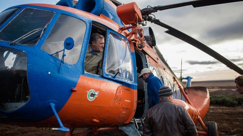 Anglers with the Kamchatka Steelhead Project board an Mi-8 helicopter on the Kvachina River.