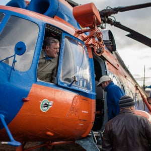 Anglers with the Kamchatka Steelhead Project board an Mi-8 helicopter on the Kvachina River.
