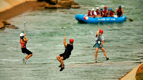 Ziplines at the U.S. National Whitewater Center, a 1,100-acre outdoor adventure complex outside Charlotte, North Carolina.