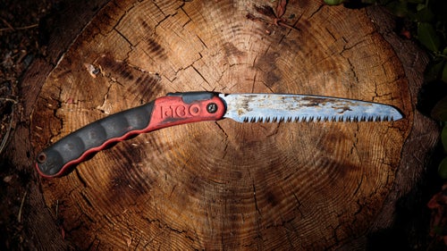 Even though each hotshot crew carries three chainsaws, Mecham still keeps a Silky F180 large-tooth folding saw in his pack. As squad boss, he often scouts ahead of the crew and frequently uses the saw to clear a path through the brush.