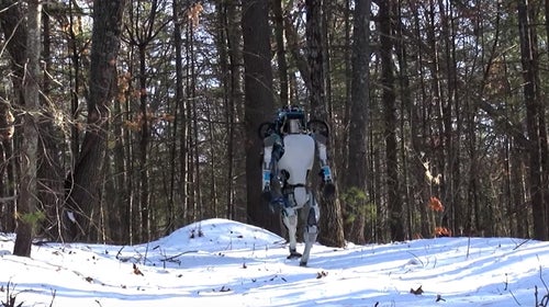 Boston Dynamics' Atlas is well suited to the outdoors, using laser-powered LIDAR technology in its head to assess and navigate terrain and sensors and hydraulics in its legs and body for balance.