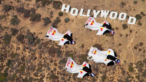 Aikins, a longtime member of the Red Bull Air Force athlete team, has performed stunts in feature films including Godzilla and Iron Man 3. Here, he and three other Red Bull team members鈥擩on Devore, Miles Daisher, and Mike Swanson鈥攑ilot wingsuits over the famed Hollywood sign in California in 2011.