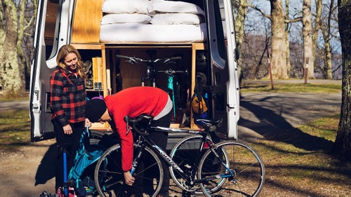 They found a 2009 Sprinter cargo van on Craigslist with 100,000 miles on it and set about converting it into a mobile surf, ski, and bike shack, with help from Sprintervandiaries.com.