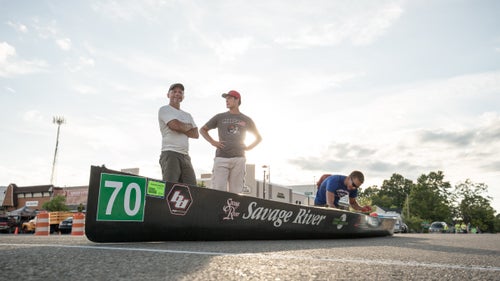 Last-minute preparations at the starting line in downtown Grayling.