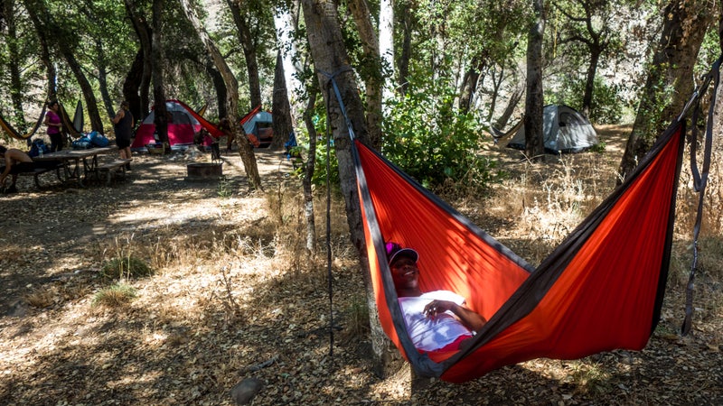 Natalie lounges in her Kammok Roo. She, and some of the other kids, slept in theirs both nights.