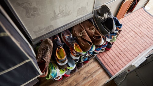 He had been ogling the classic campers patrolling the Pacific Coast Highway when he saw an ad for a 1966 Clark Cortez Coach, a tough-as-nails, metal-hulled rig made by a company better known for its forklifts. It was rough around the edges but mechanically solid—and at 19 feet long, it was just under the 20-foot limit for legal street parking in California. Shay was smitten. For $5,200, he scored a beach hut on wheels. He’s since put around $5,800 into restorations, including a paint job, new flooring, and running-shoe storage.