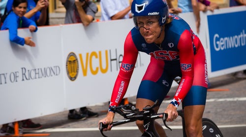 Kristin Armstrong competing in the 2015 UCI Road World Championships. She turned 43 a day after winning a third Olympic gold medal.